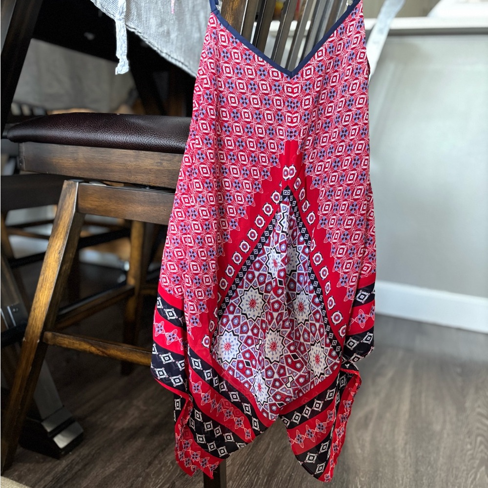 Red and Blue Geometric Print Top